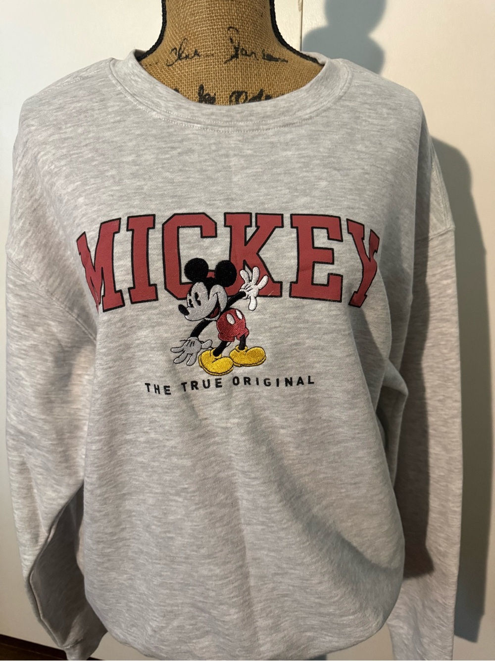Hybrid Apparel Grey Mickey Graphic Crewneck with Red and Yellow Accents